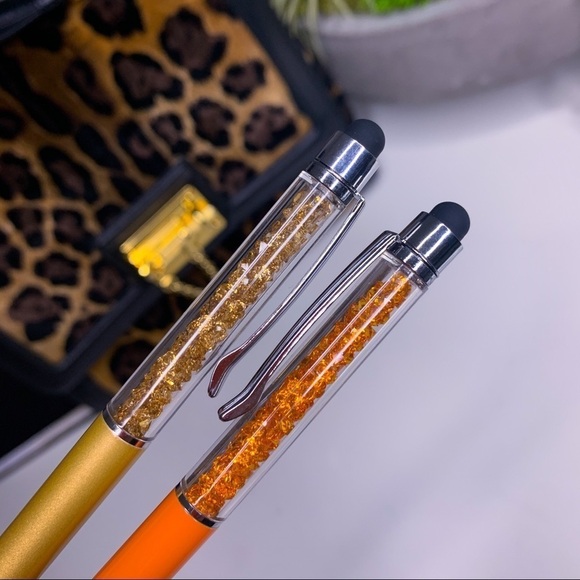 Two New Crystal filled stylus clip on pens black ink orange and gold - Picture 5 of 6
